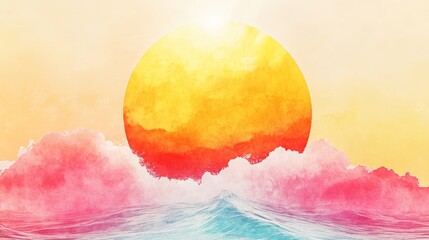 Wall Mural - Watercolor sunrise or sunset painting with a vibrant color palette and an ocean view perfect for a serene and peaceful aesthetic