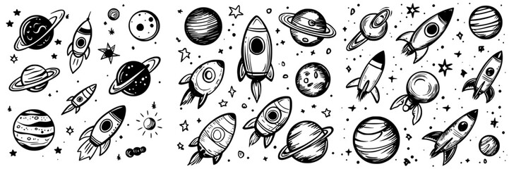 Wall Mural - Space-themed illustration featuring rockets and planets in a whimsical black and white design