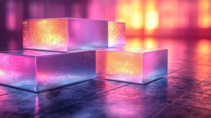 Sticker - Glowing 3D Geometric Cubes in Abstract Gradient Composition