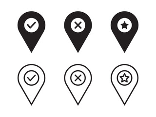 Wall Mural - set of map pins with check, cross and star signs. location pin place marker. location icon. map mark