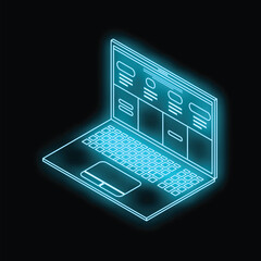 Wall Mural - neon blue isometric laptop showing website wireframe on black background