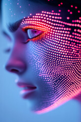 Sticker - A dramatic close-up of a human-like digital head glowing in neon hues, seamlessly integrated into a