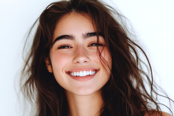 Smiling young woman with wavy hair showcases natural beauty against neutral background