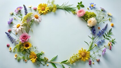 Wall Mural - A vibrant circular arrangement of various blooming flowers and greenery, creating a beautiful and delicate floral frame on a pastel background.