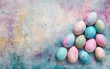 Wall Mural - Artistic hand-painted egg shapes subtly arranged over a textured watercolor canvas for Easter