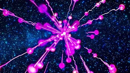 Fototapete - Vibrant pink orbs racing through a deep blue starfield, leaving neon streaks behind, fast-paced for a dynamic,
