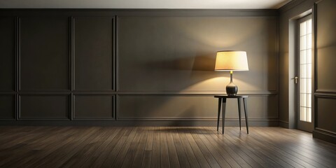 Wall Mural - Illuminated Interior Scene Featuring a Table Lamp on a Side Table in a Room with Dark Walls and Wood Flooring