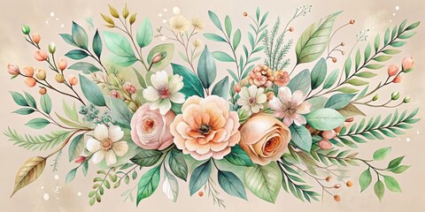  A Delicate Arrangement of Peach and Cream Roses with Lush Greenery, a Watercolor Floral Composition Ideal for Elegant Designs and Romantic Inspirations