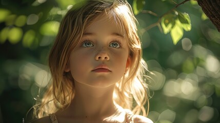 Cute little girl in a green forest. bright light and shadow under the trees.