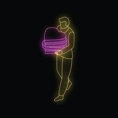 Wall Mural - Neon sign of a man walking and holding a stack of heart shaped gift boxes