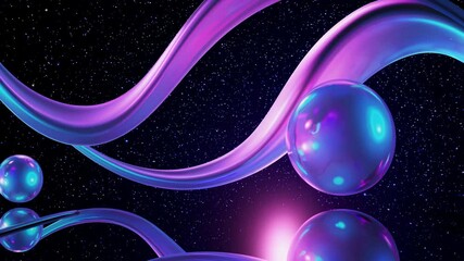 Fototapete - Abstract geometric shapes, glowing spheres, smooth curving lines with vibrant neon colors like purple, pink, and blue,