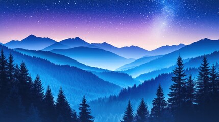 Canvas Print - Serene Night Sky Over Blue Mountain Ranges