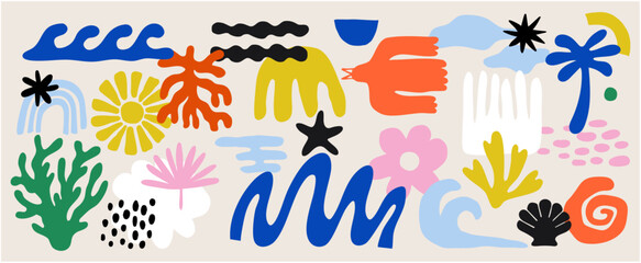 social media banner. colorful vector set of abstract summer doodles, organic shapes and forms. hand 