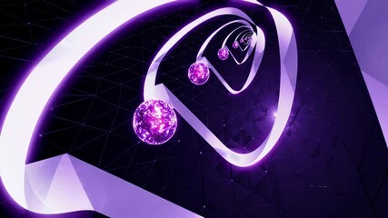 Poster - Abstract geometric shapes, glowing spheres, smooth curving lines with vibrant neon colors like purple, pink, and blue,