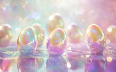 Canvas Print - Dreamy mockup background with space for text designed with floating iridescent Easter eggs casting soft light reflections for a magical holiday atmosphere for Easter