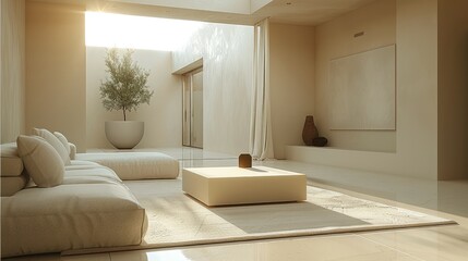 Poster - A minimalist living room with a cream, beige, and white color palette. The room features minimal furniture, including a modern sofa and a coffee table in front of it.