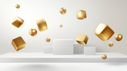 Wall Mural - White podium with floating gold cubes and spheres.