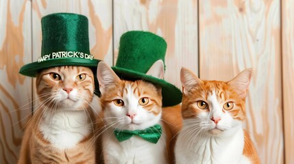 Cats Dressed in Green Hats and Accessories Celebrating St. Patrick's Day with Playful Expressions Against a Wooden Background