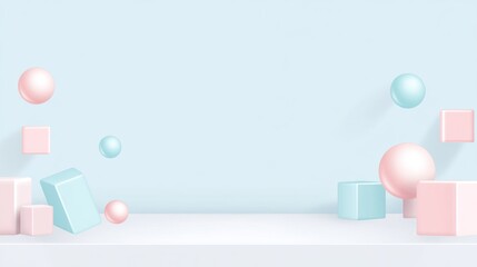 Wall Mural - Pastel pink and blue 3D geometric shapes on a light blue background.