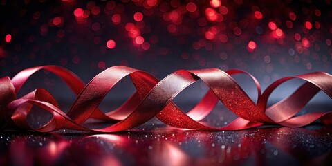 Poster - A shimmering red ribbon elegantly swirls on a dark, sparkling surface, illuminated by a bokeh of warm red lights creating a festive and luxurious mood.