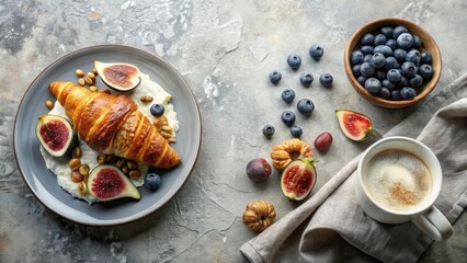 A delightful breakfast arrangement featuring a flaky croissant, creamy spread, fresh figs, blueberries, nuts, and a steaming cup of coffee.