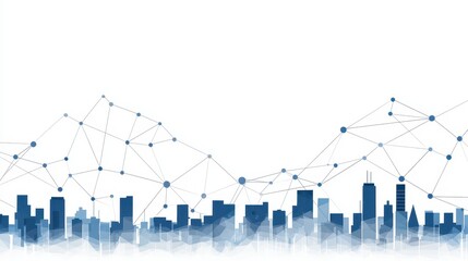 Fototapete - A modern city skyline with abstract network connections, symbolizing technology, communication, and urban development against a white background.