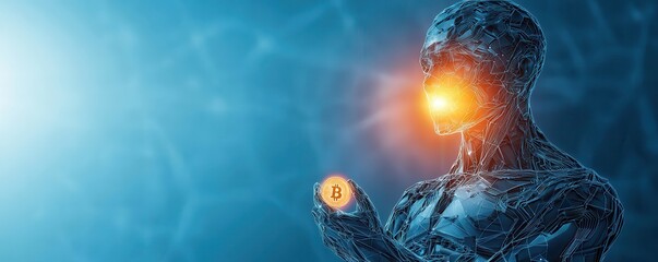 Fototapete - A futuristic robot holding a glowing orb, set against a digital blue background, symbolizing technology and innovation.