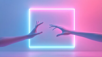 Wall Mural - Reaching hands with neon square background.