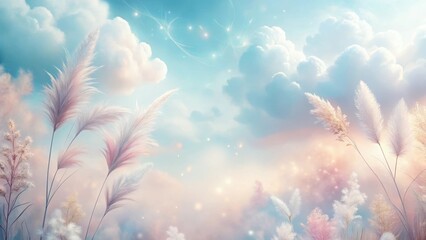 Wall Mural - Serene Pastel Pampas Grass Silhouetted Against a Dreamy Sky with Glimmering Lights