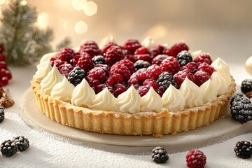 Wall Mural - Gorgeous berry and coconut cream tart topped with almond slivers, a perfect dessert for any occasion.