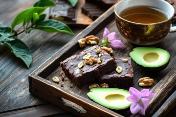 Wall Mural - Lush dark chocolate avocado brownies with walnuts elegantly presented on a rustic wooden board.