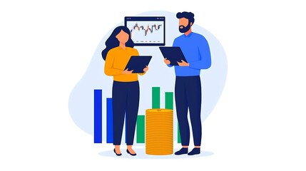 Wall Mural - Two professionals analyze data on tablets, standing beside financial charts and stacks of coins, symbolizing collaboration in business analytics.