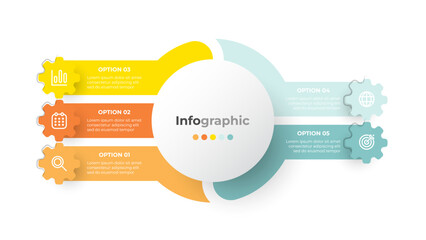 Wall Mural - Data Visualization Concept. Creative infographic design with 5 step or options. Ideal for illustrating workflows, business strategies, or project timelines.