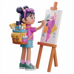 A cheerful young artist painting a vibrant abstract artwork on an easel.  She carries a backpack filled with art supplies.