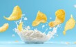 © Антон Федченко - Crispy potato chips flying with sour cream and onion dip splashes, mid-air on a pastel blue background