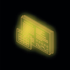 Wall Mural - isometric neon yellow programming and web design concept with charts, data, graphs, and analysis too