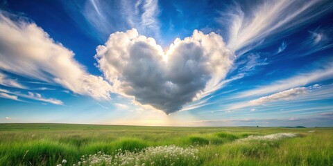 Canvas Print - Heart-shaped cloud formation over a vibrant green field, serene summer landscape with wildflowers and wispy cirrus clouds in a vivid blue sky