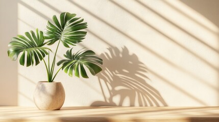 Poster - Tropical Plant in Beige Pot Against a Sunlit Wall