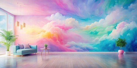 Wall Mural - Serene Pastel Cloudscape Mural in a Modern Living Room with Minimalist Furnishings