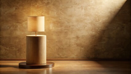 Wall Mural - A Cylindrical Wooden Table Lamp Illuminates a Textured Wall in a Warmly Lit Interior Scene