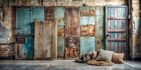 Wall Mural - Rustic Interior Design Featuring Weathered Metal and Wood Paneling, a Textured Throw Blanket, and Cozy Knit Pillows Arranged on a Floor