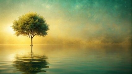 Canvas Print - Serene landscape of a solitary tree reflected in calm water under a hazy, colorful sky