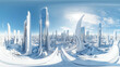 © Qaqas - 360 degree full panorama environment map of futuristic buildings with white and blue metal surface with sky and sun 3d render illustration hdri hdr vr virtual reality content. 3D Illustration