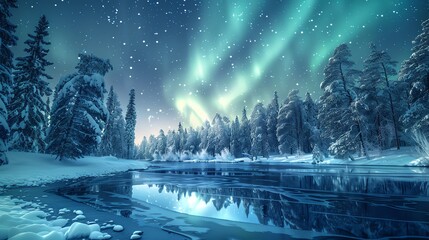 Wall Mural - A snowy forest with a frozen lake at night, lit by the aurora borealis.