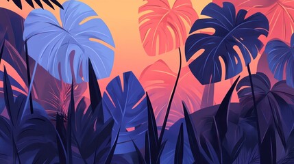 Wall Mural - Tropical Leaves Sunset Background Artistic Illustration