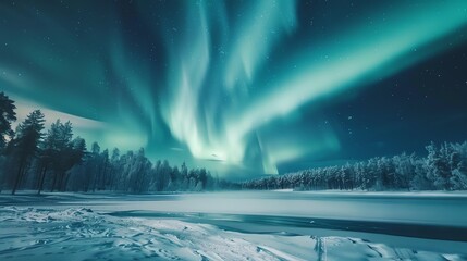 a vibrant green aurora borealis display fills the night sky above a snow-covered forest and frozen l