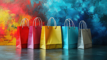 Colorful shopping bags lined up against a vibrant abstract background in a retail setting. Generative AI