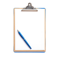 Wall Mural - Ballpoint pen and clipboard with paper sheet isolated on white background, top view 