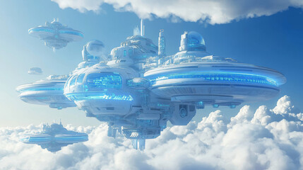 Wall Mural - blue stylish technology space station futuristic glowing background 3d rendering illustration