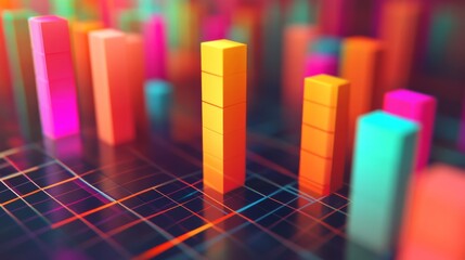 Fototapete - A close-up of a D bar graph displaying financial data with vibrant, colorful bars rising above a grid, showcasing the dynamic nature of investment trends.